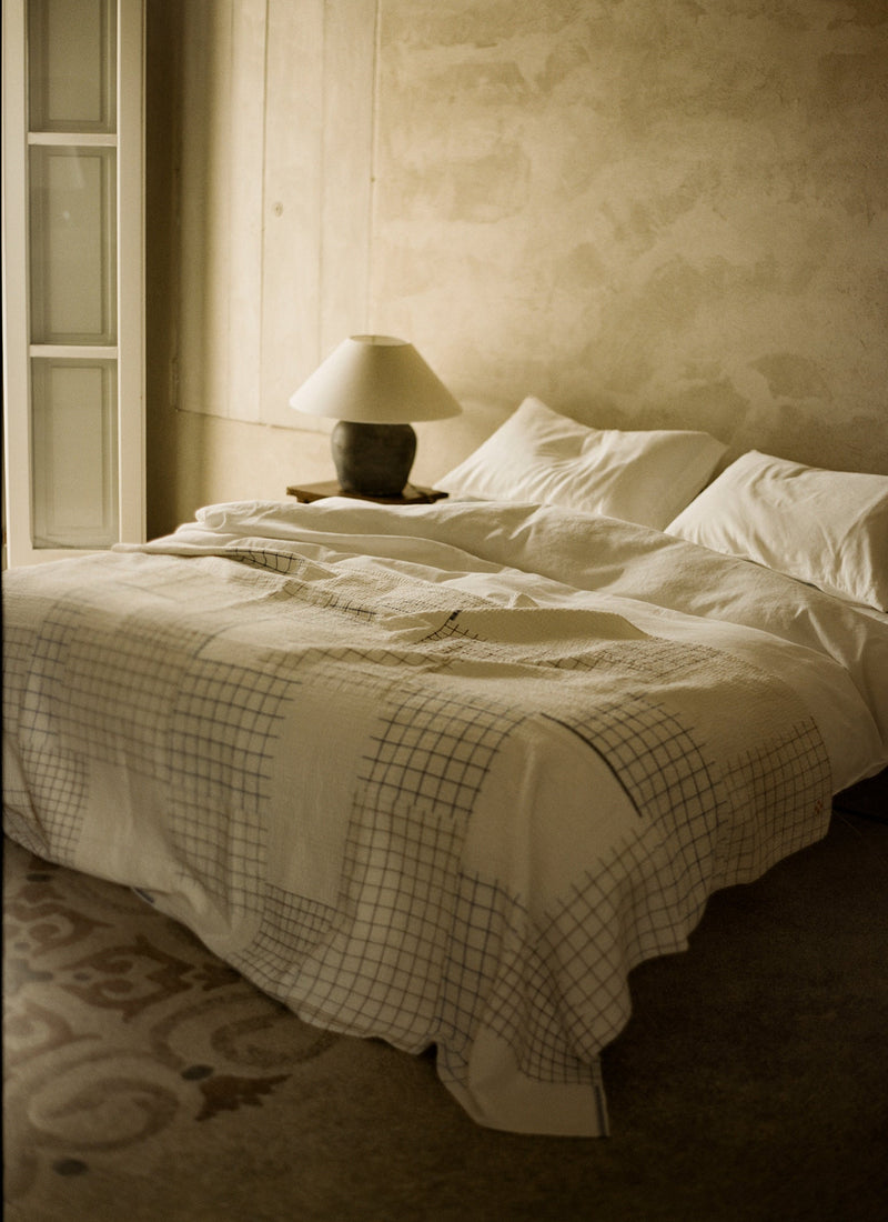 Tea Towel Check Patchwork Bedspread | Ecru/Multi