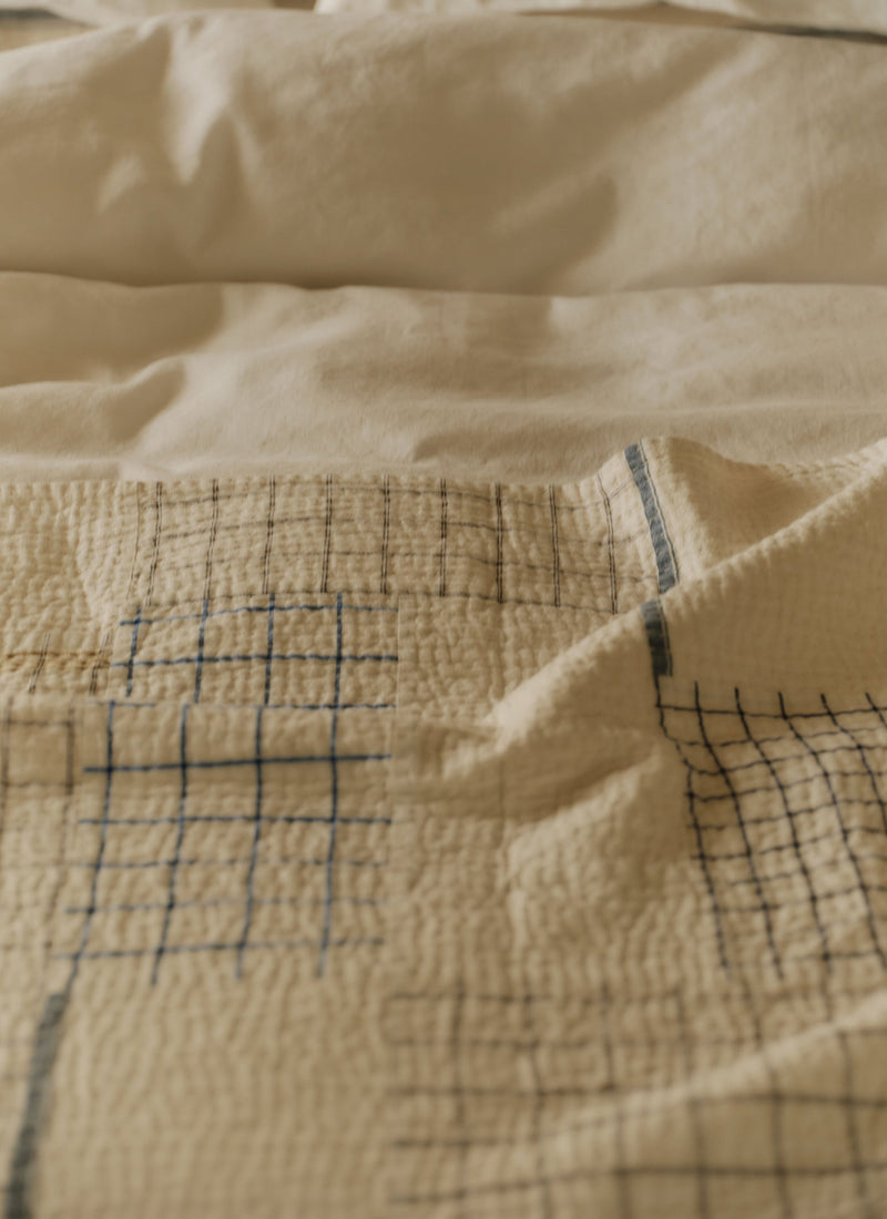 Tea Towel Check Patchwork Bedspread | Ecru/Multi
