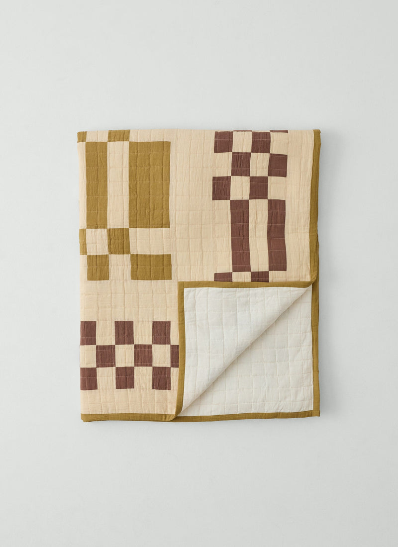 Checkerboard Cotton Patchwork Quilt | Cream/Fennel