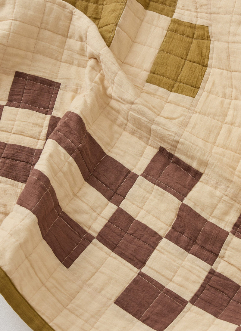 Checkerboard Cotton Patchwork Quilt | Cream/Fennel