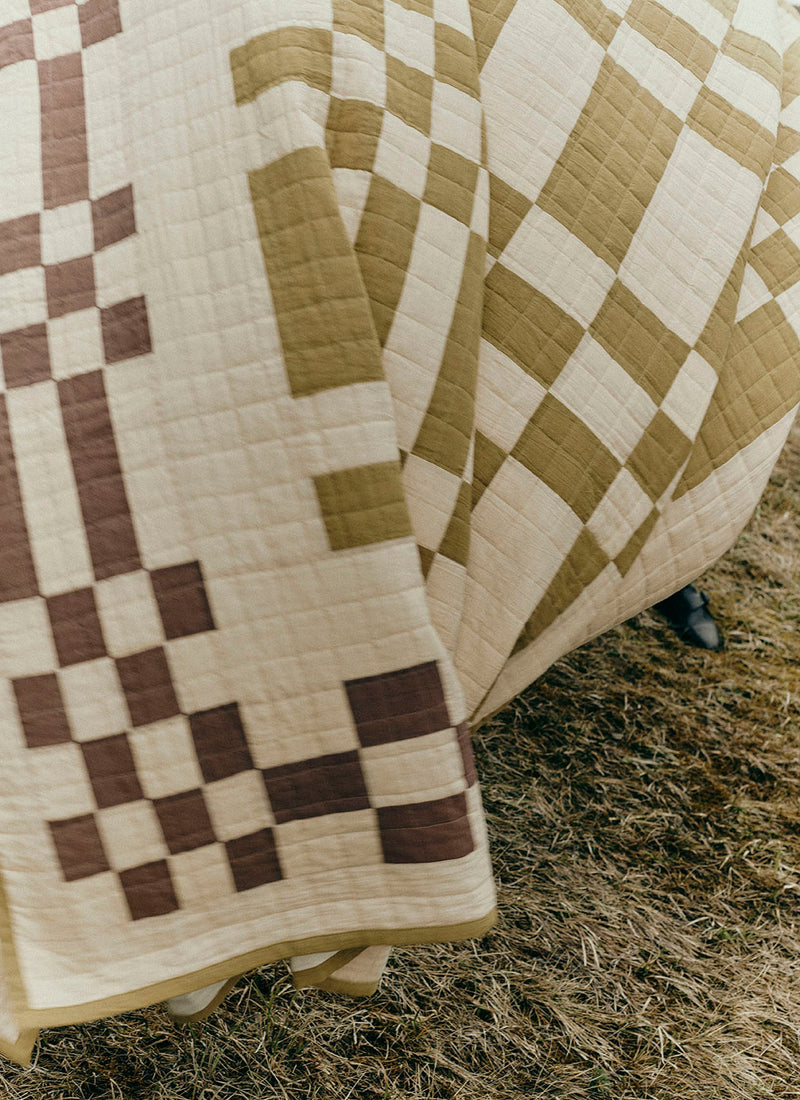 Checkerboard Cotton Patchwork Quilt | Cream/Fennel