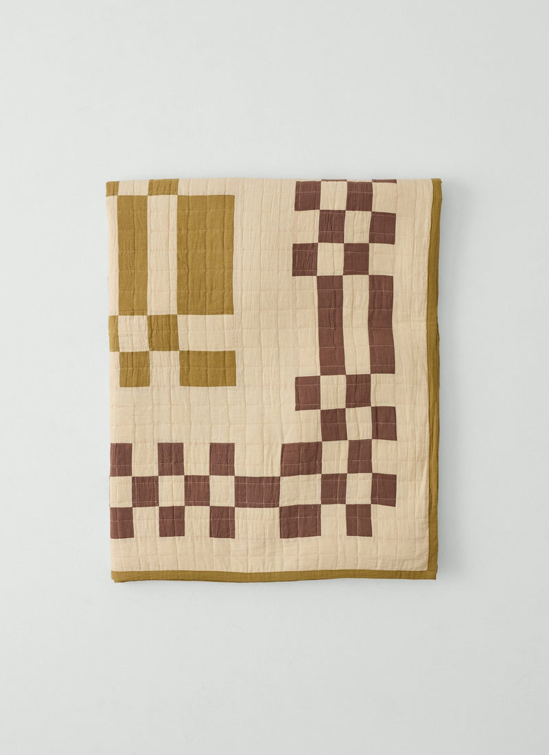 Checkerboard Cotton Patchwork Quilt | Cream/Fennel