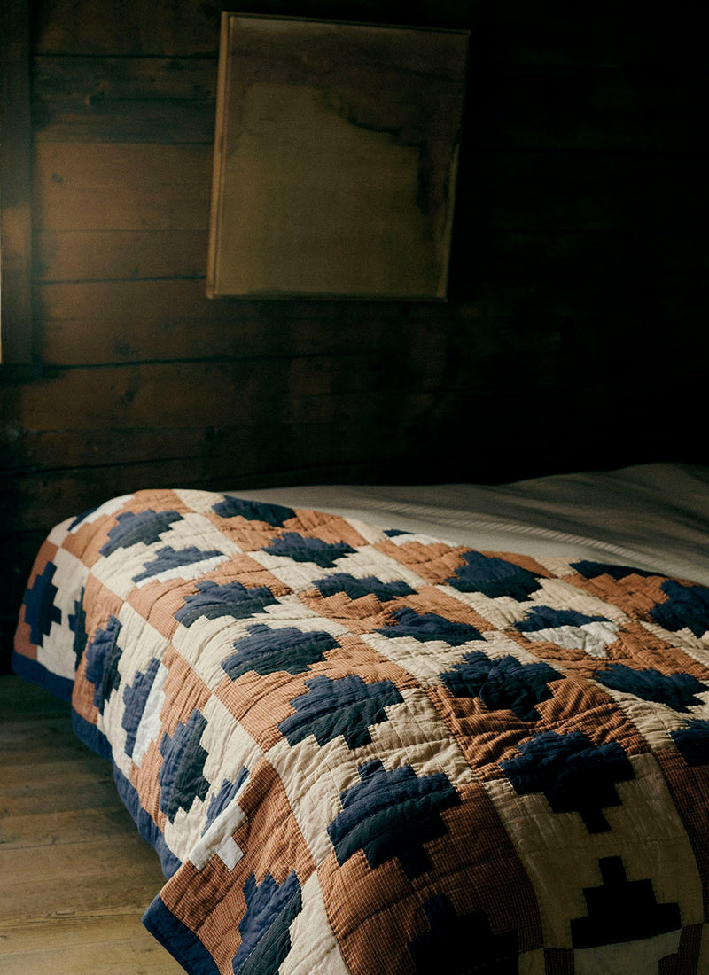 Folk Cotton Patchwork Quilt | Cornflower Blue/Terracotta