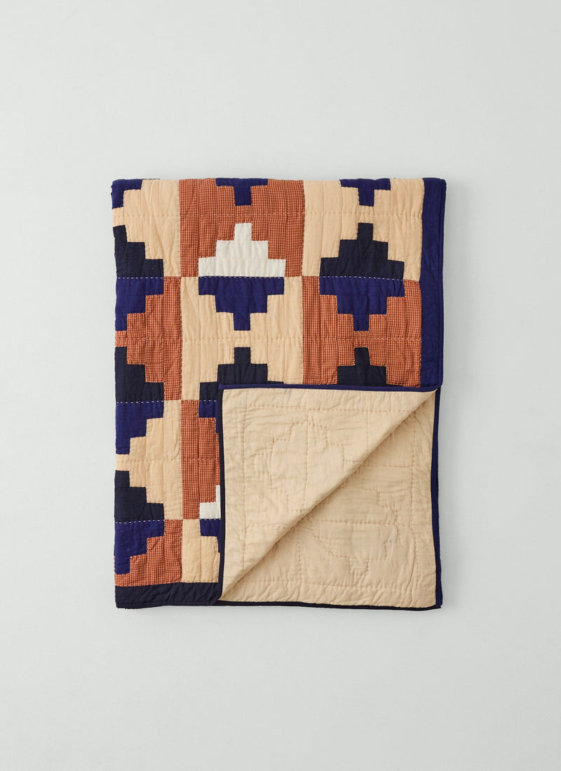 Folk Cotton Patchwork Quilt | Cornflower Blue/Terracotta