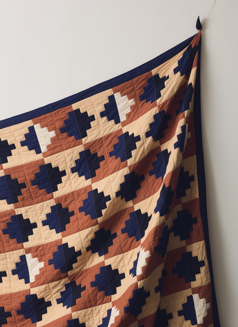Folk Cotton Patchwork Quilt | Cornflower Blue/Terracotta