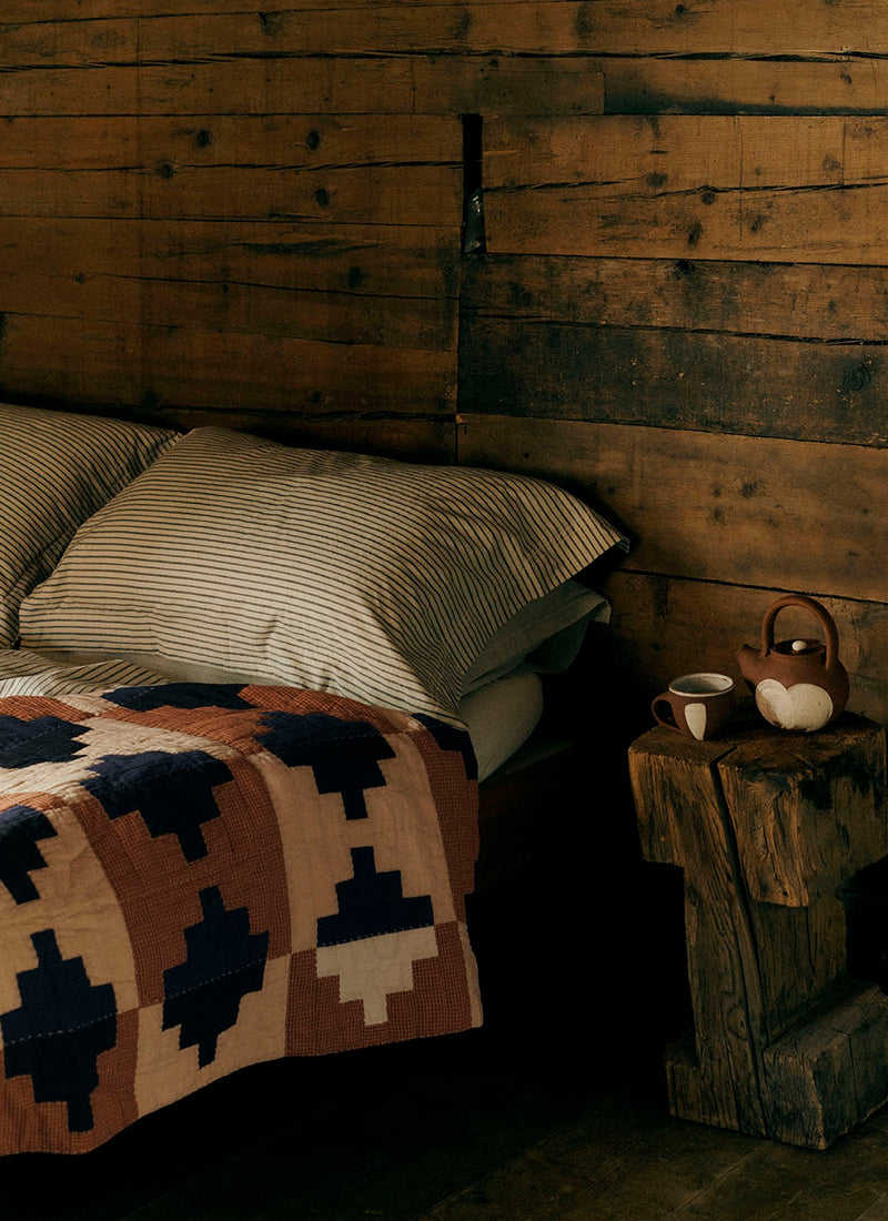 Folk Cotton Patchwork Quilt | Cornflower Blue/Terracotta