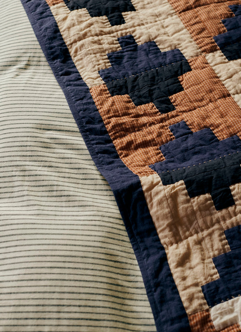 Folk Cotton Patchwork Quilt | Cornflower Blue/Terracotta
