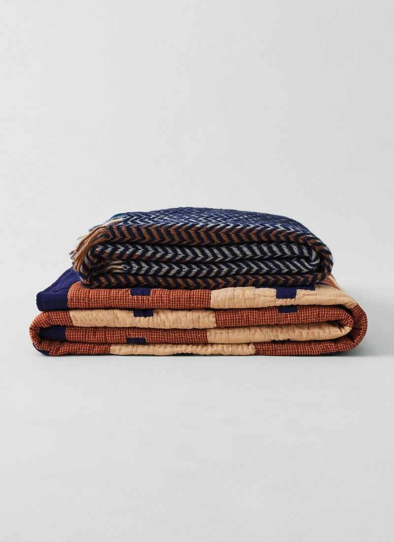 Folk Cotton Patchwork Quilt | Cornflower Blue/Terracotta