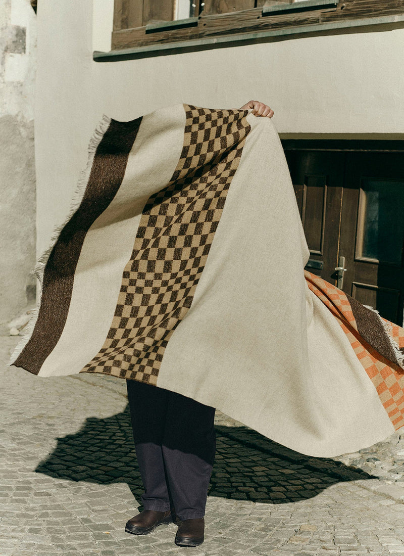 Bristol Weaving Mill Check Border Blanket | Almond/Coffee/Burnt Orange