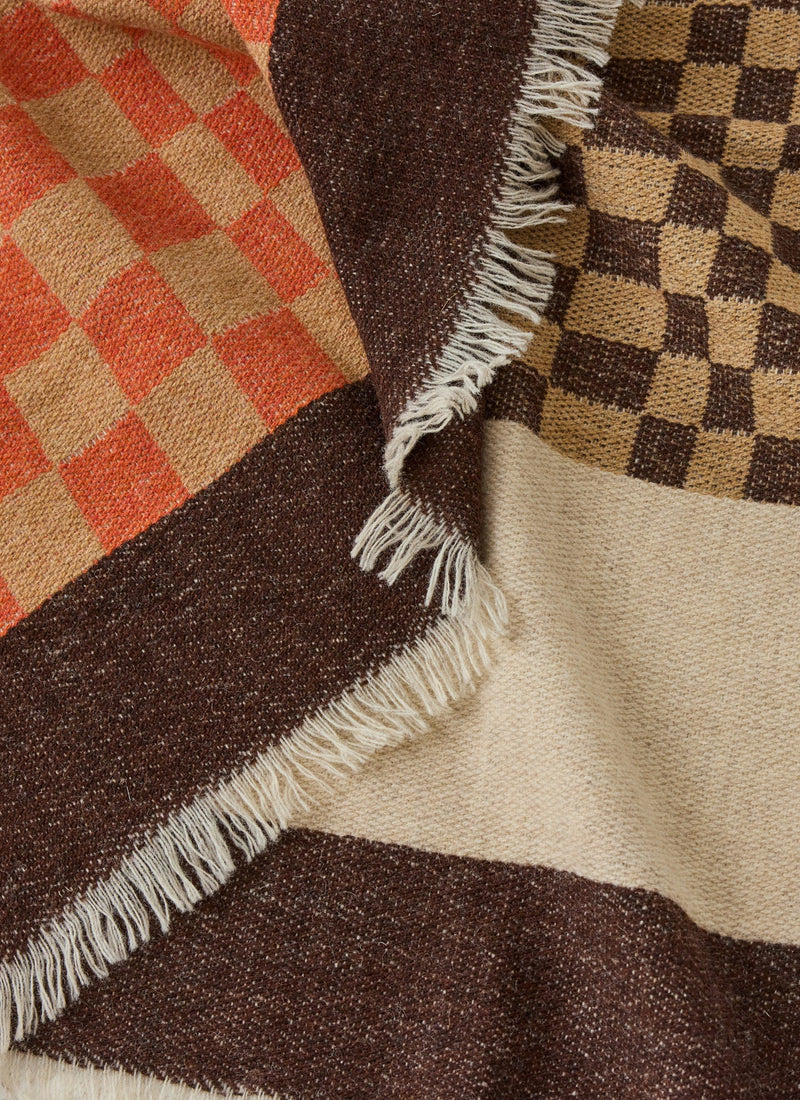 Bristol Weaving Mill Check Border Blanket | Almond/Coffee/Burnt Orange
