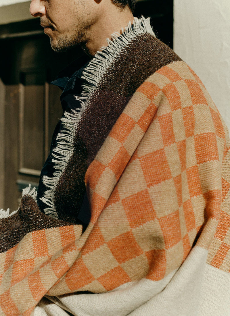 Bristol Weaving Mill Check Border Blanket | Almond/Coffee/Burnt Orange