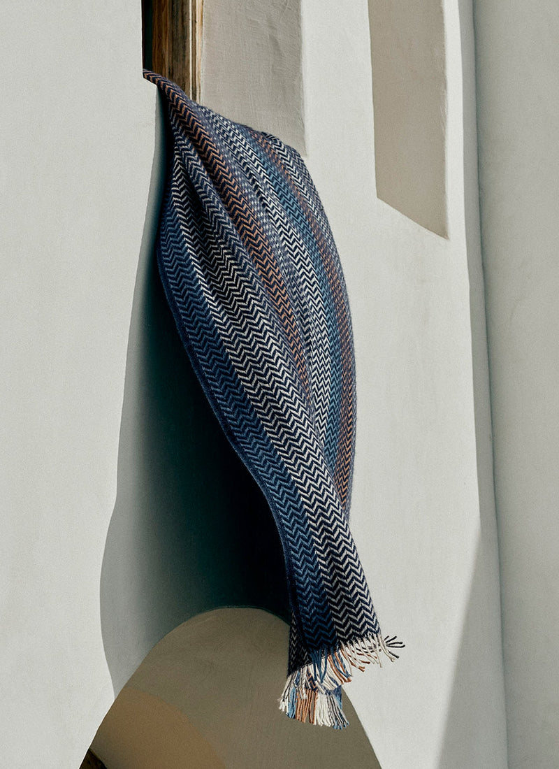 Striped Chevron Wool Blanket | Sea Blue/Nougat