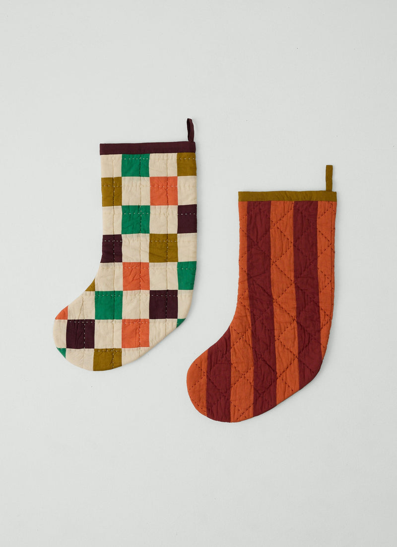 Checkerboard Patchwork Christmas Stocking | Ecru/Mulberry/Jade