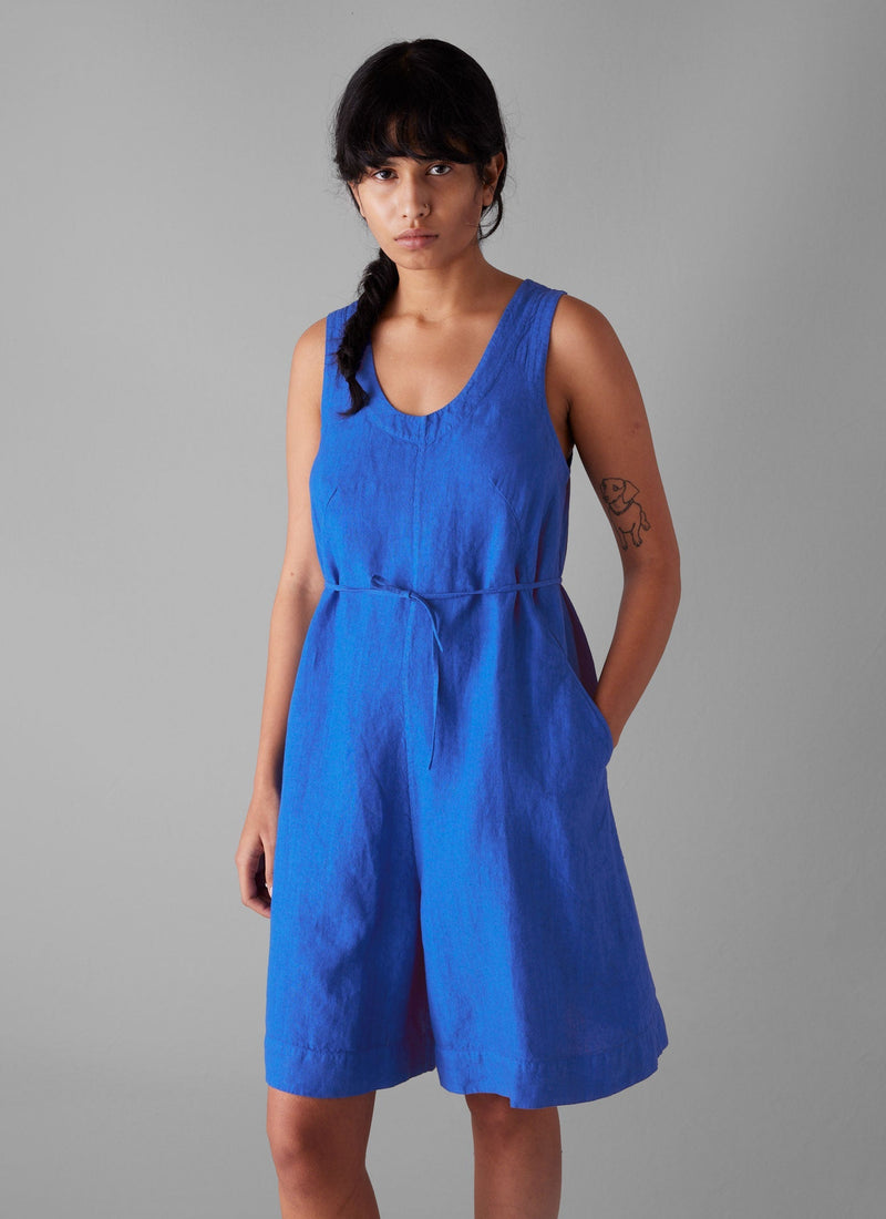 Garment Dyed Linen Short Jumpsuit | Sapphire