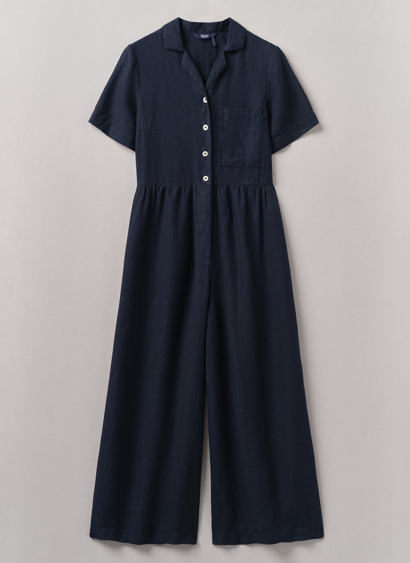 Gathered Waist Linen Jumpsuit | Midnight