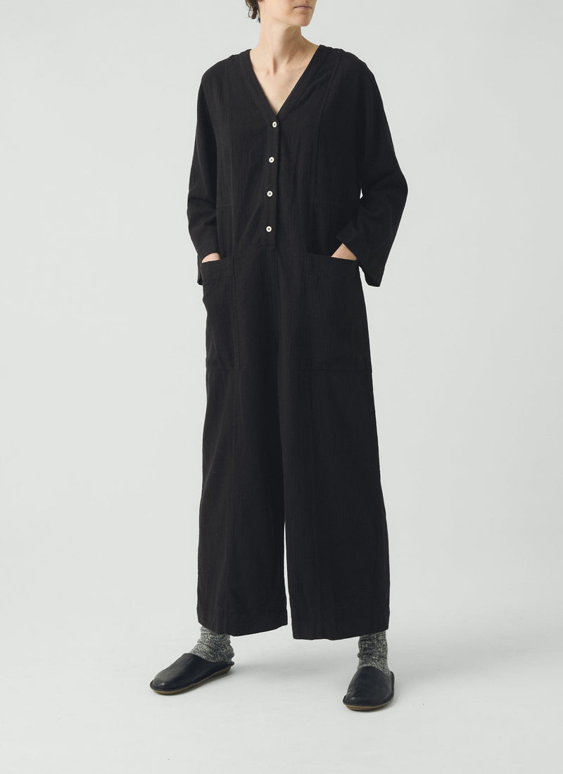 Brushed Linen Cotton Herringbone Jumpsuit | Slate