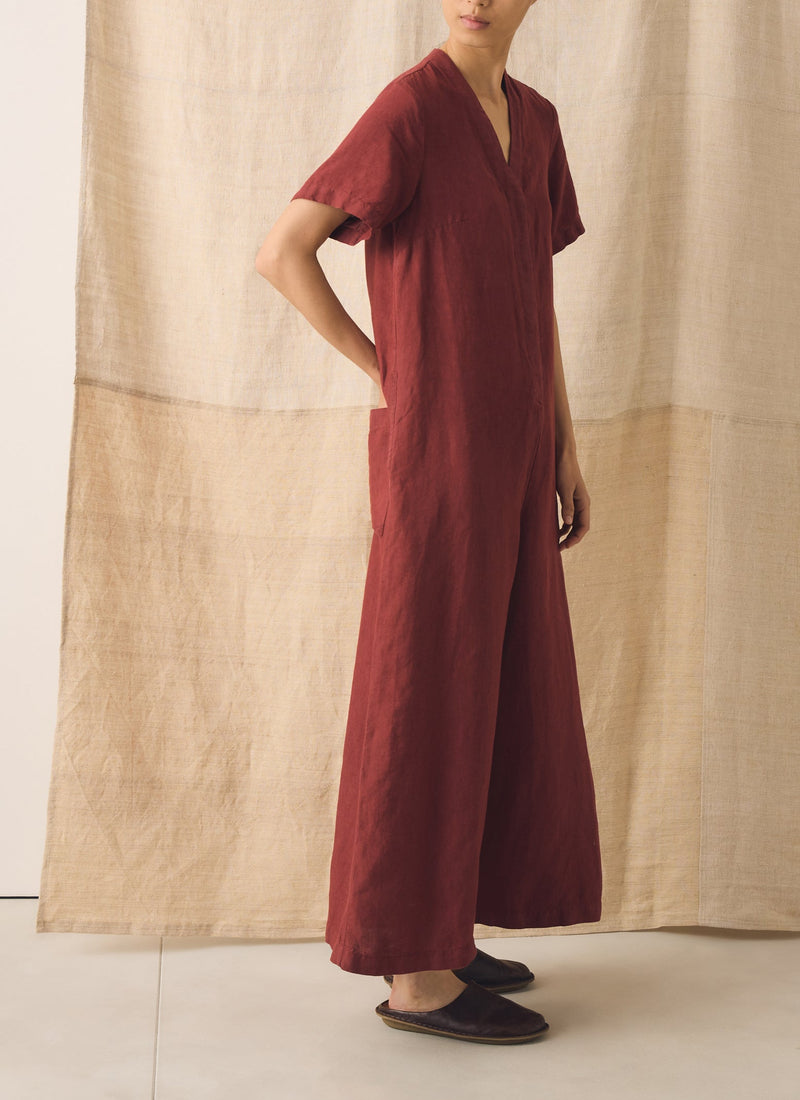 V Neck Garment Dyed Linen Jumpsuit | Tomato Red