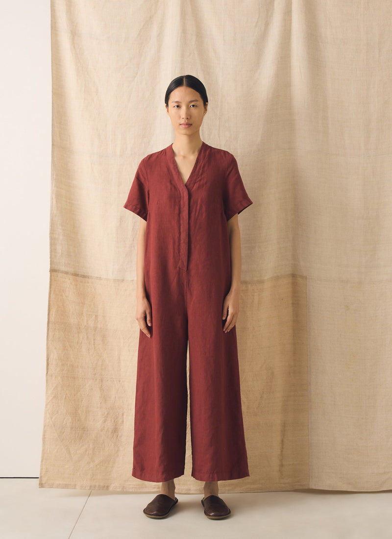 V Neck Garment Dyed Linen Jumpsuit | Tomato Red