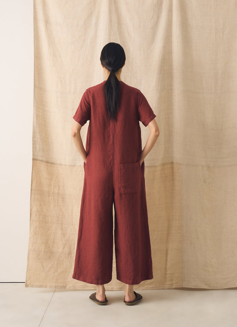 V Neck Garment Dyed Linen Jumpsuit | Tomato Red