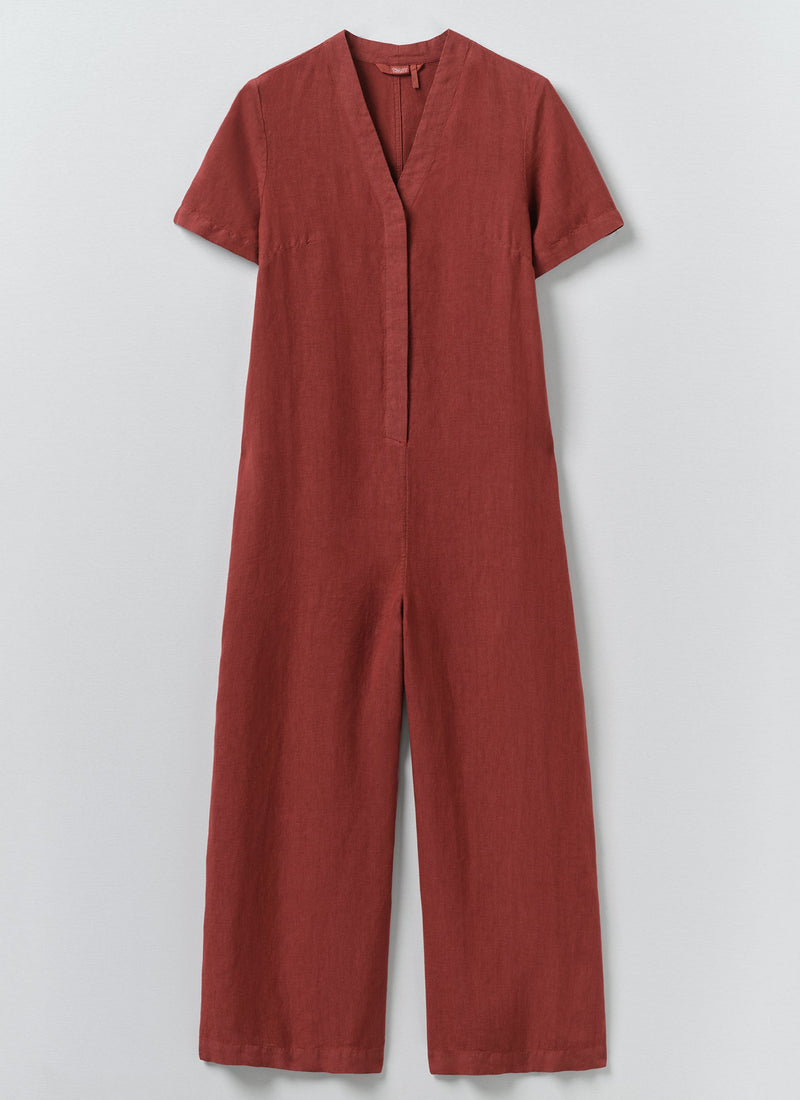 V Neck Garment Dyed Linen Jumpsuit | Tomato Red