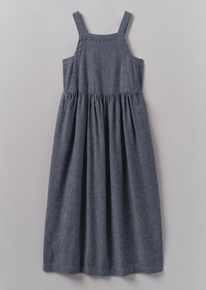 Cotton Linen Twill Gathered Waist Dress | Indigo Blue