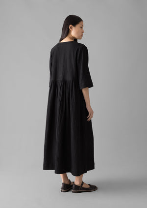 Crinkled Cotton V-Neck Dress | Black