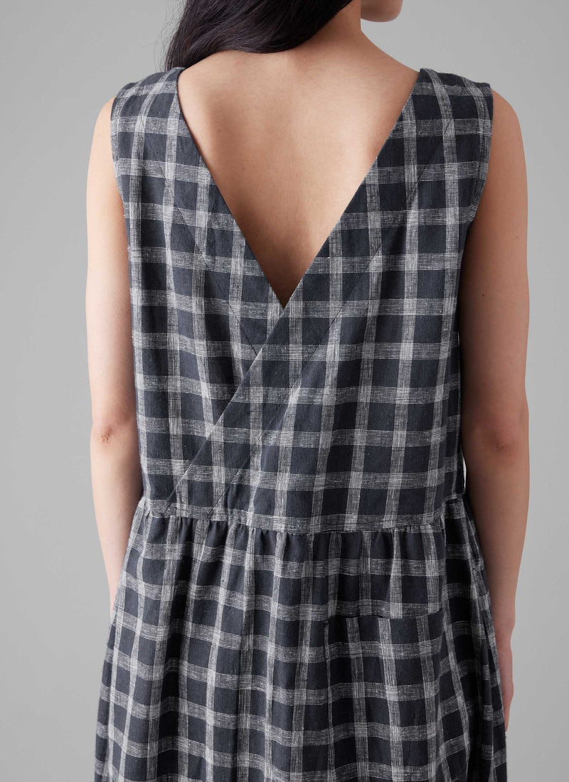 Check Cotton Linen Cross Back Dress | Slate