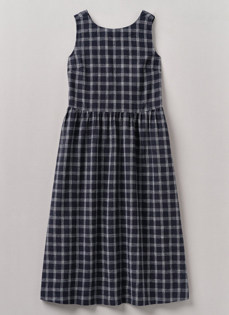 Check Cotton Linen Cross Back Dress | Slate