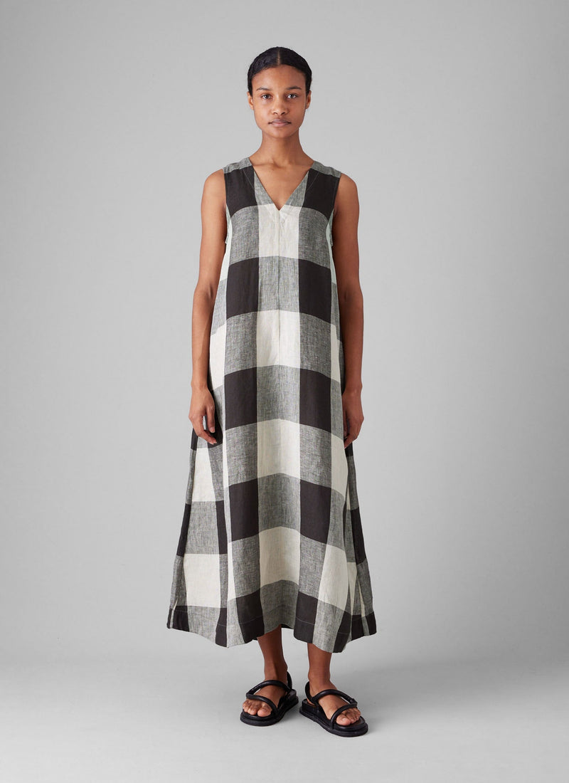 Macro Gingham Lightweight Linen Dress | Ecru/Charcoal