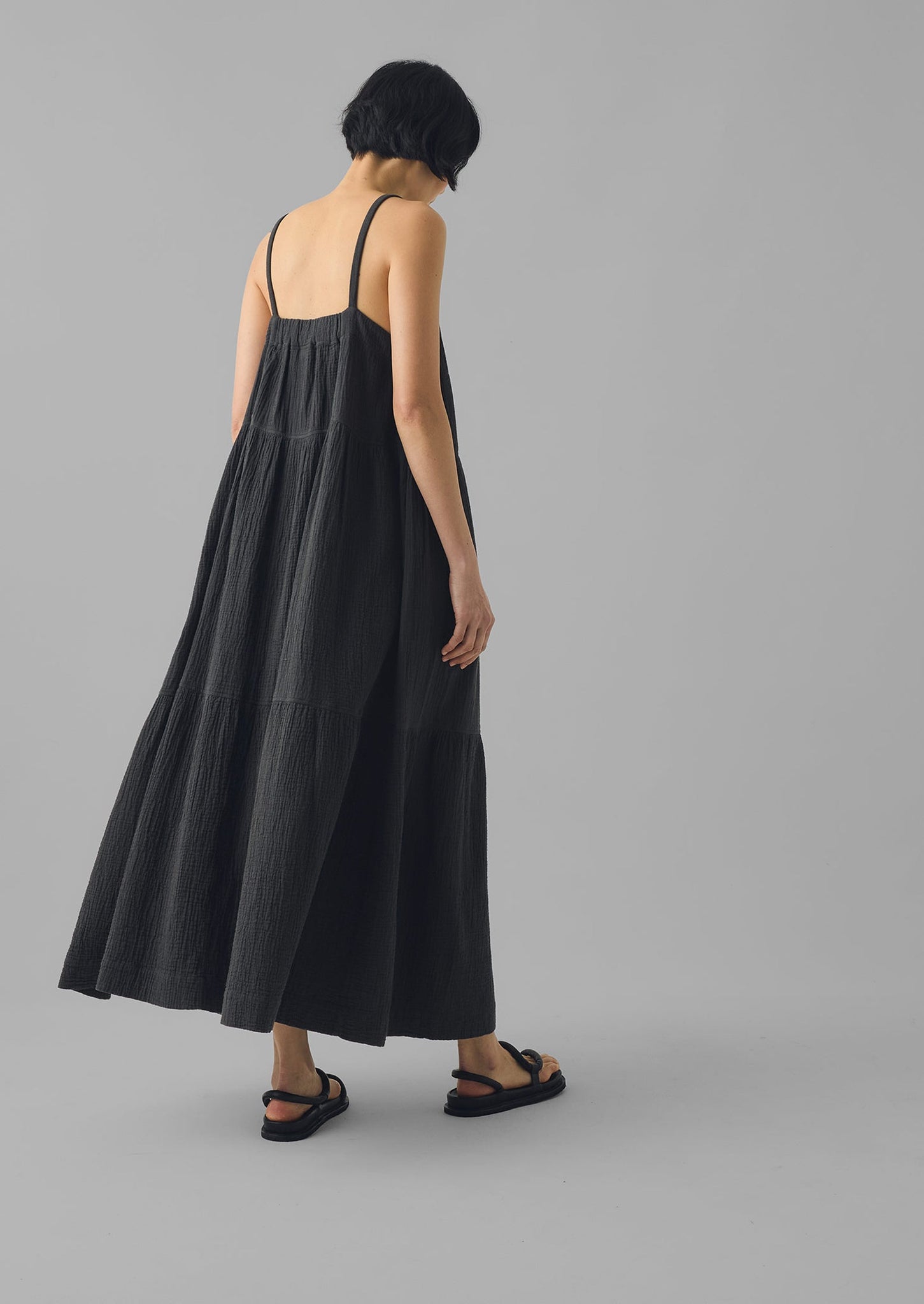 Crinkle Cotton Gauze Tiered Dress | Black Pepper