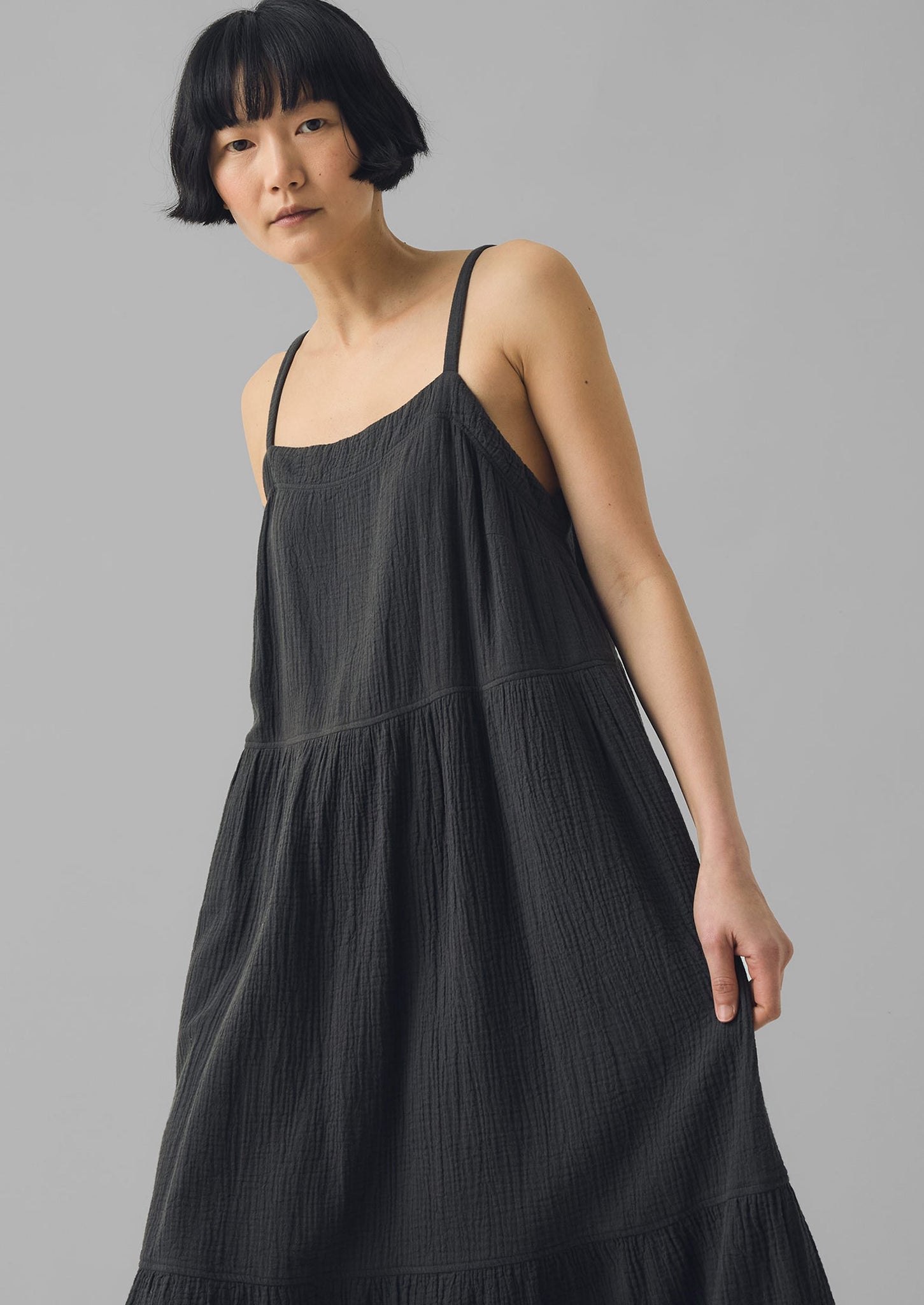 Crinkle Cotton Gauze Tiered Dress | Black Pepper