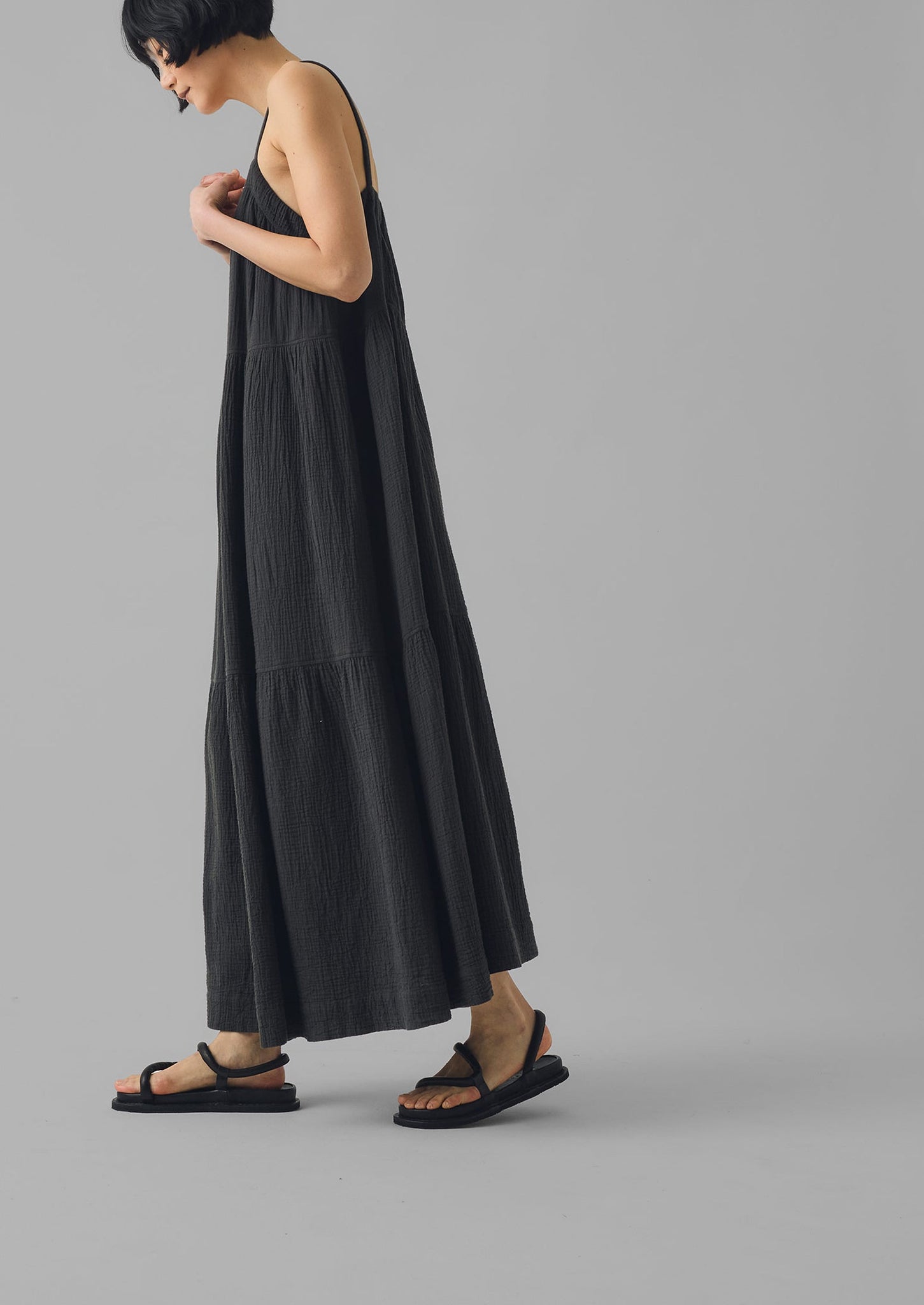 Crinkle Cotton Gauze Tiered Dress | Black Pepper