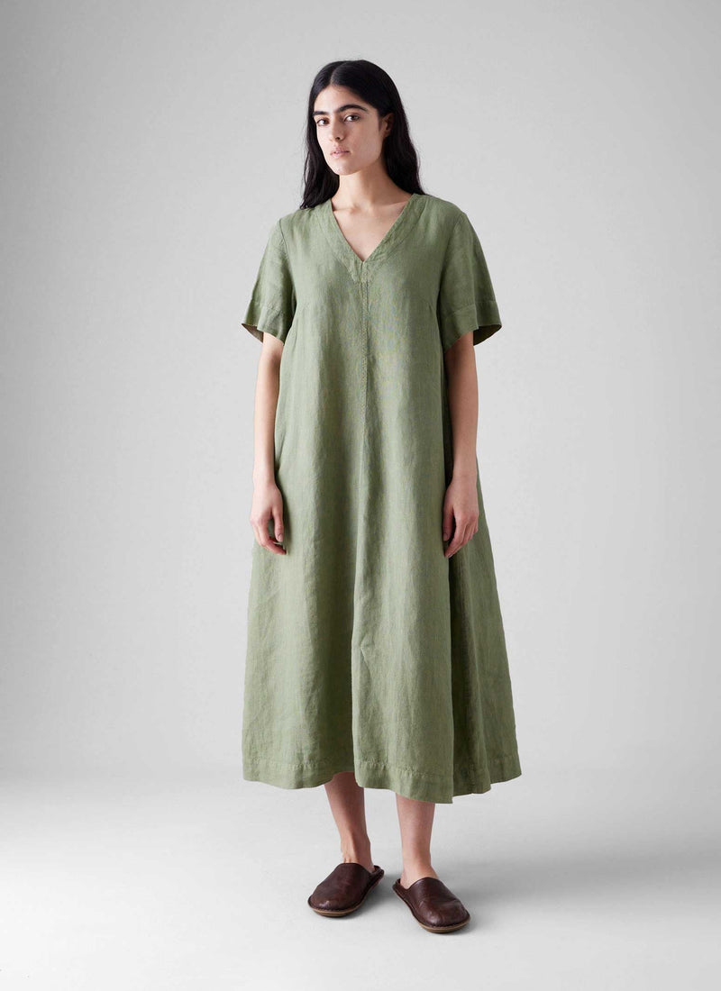 Garment Dyed Linen V Neck Dress | Light Sage