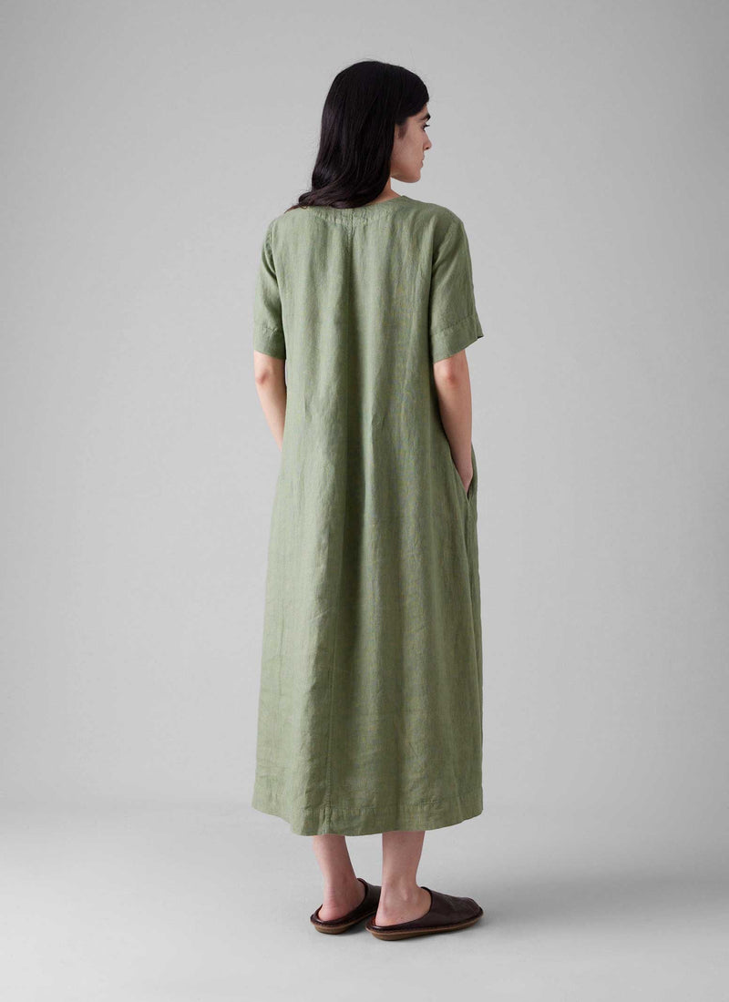 Garment Dyed Linen V Neck Dress | Light Sage