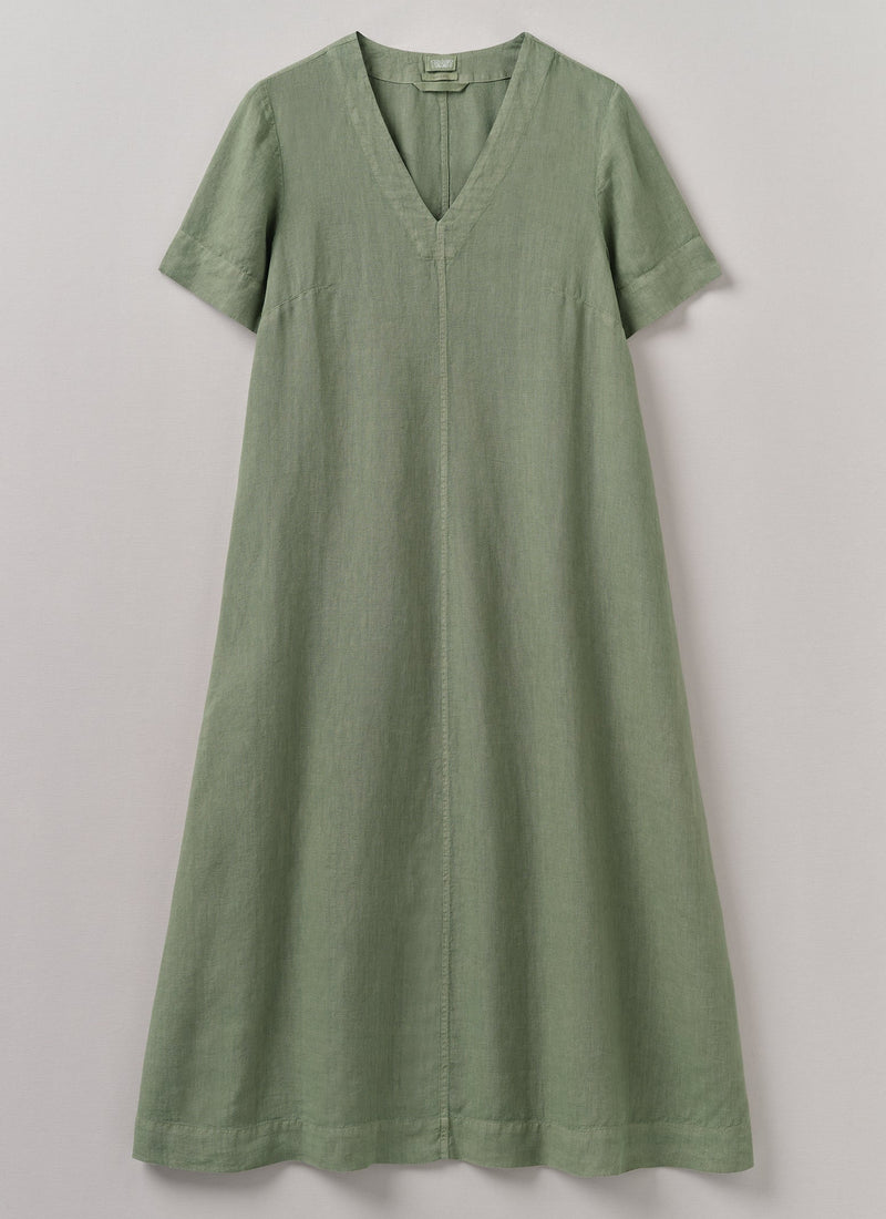 Garment Dyed Linen V Neck Dress | Light Sage
