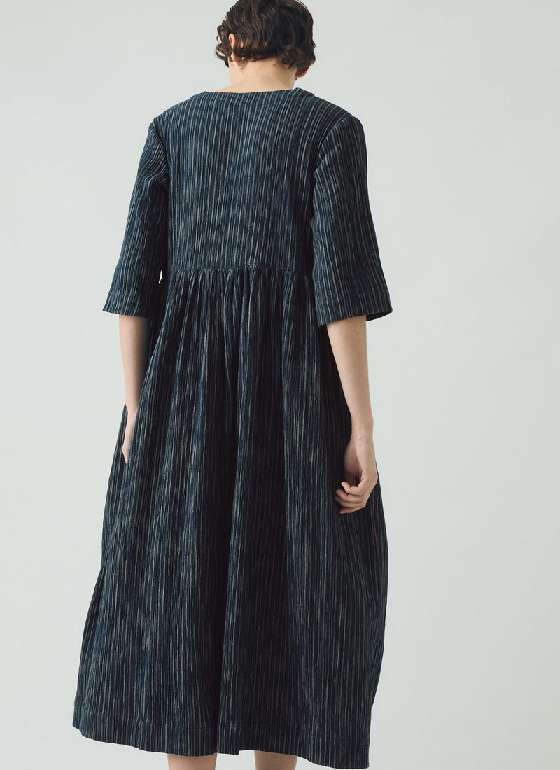 Stripe Crinkled Cotton V Neck Dress | Midnight Blue
