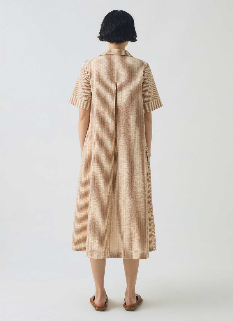 Stripe Cotton Seersucker Swing Dress | Terracotta/Ecru