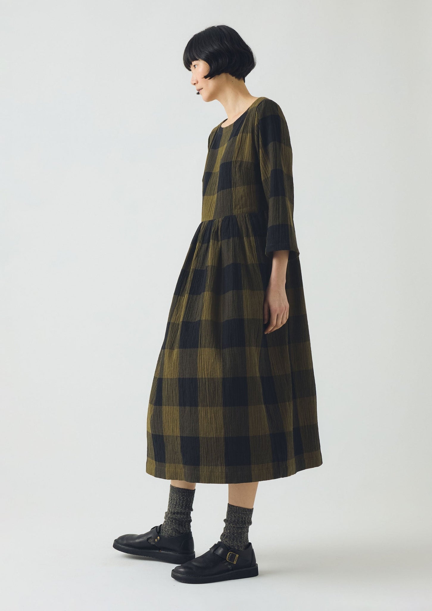 Freya Crinkle Cotton Macro Gingham Dress | Olive/Black