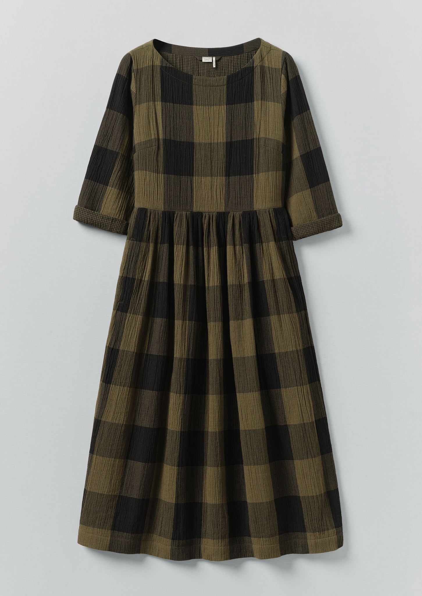 Freya Crinkle Cotton Macro Gingham Dress | Olive/Black