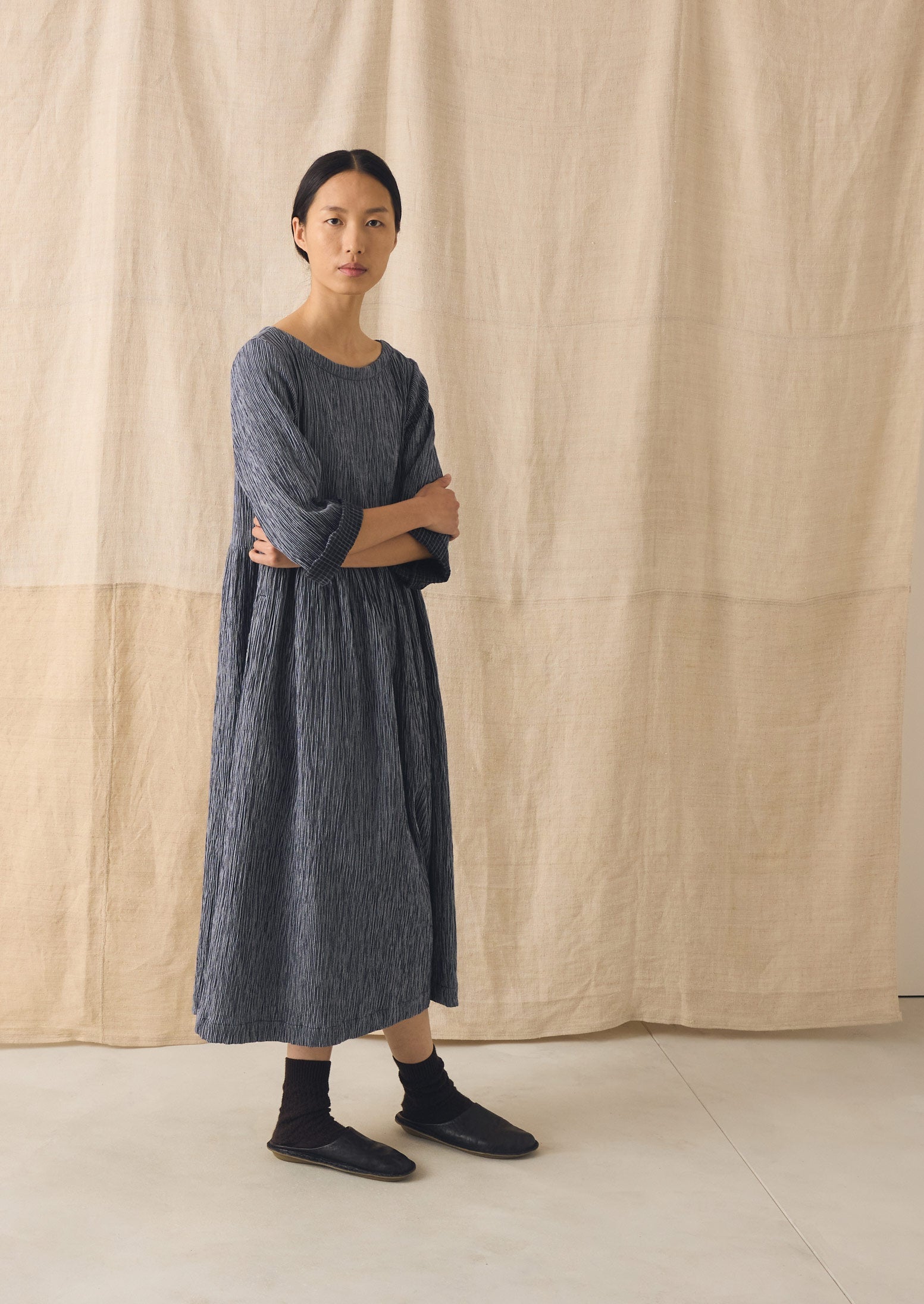Freya Crinkle Cotton Dress | Dark Blue/White | TOAST