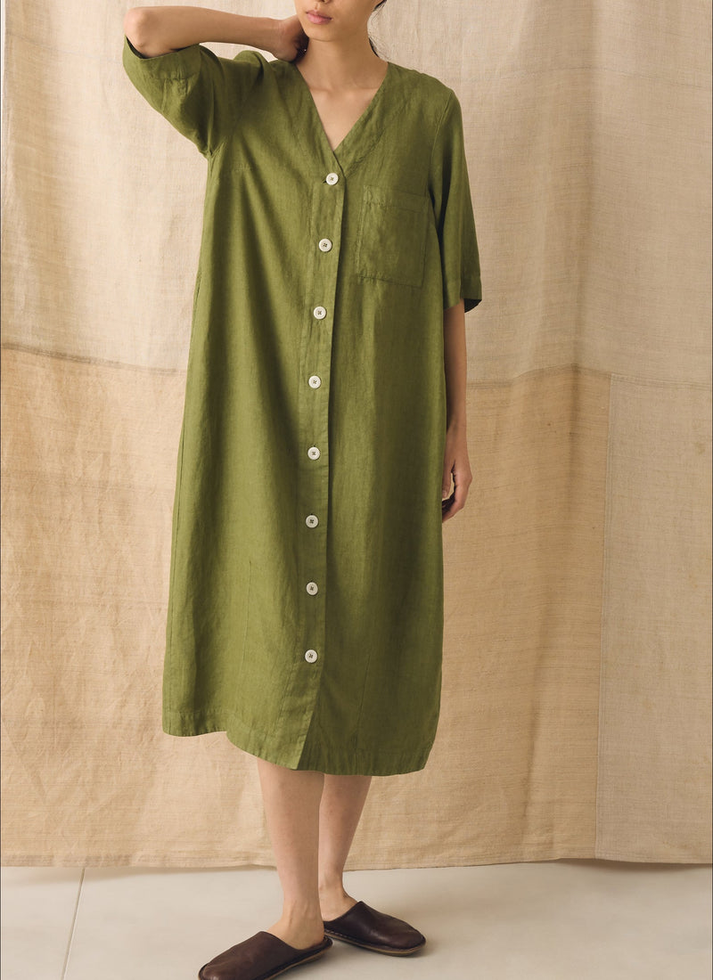 Garment Dyed Linen Button Front Dress | Pale Olive