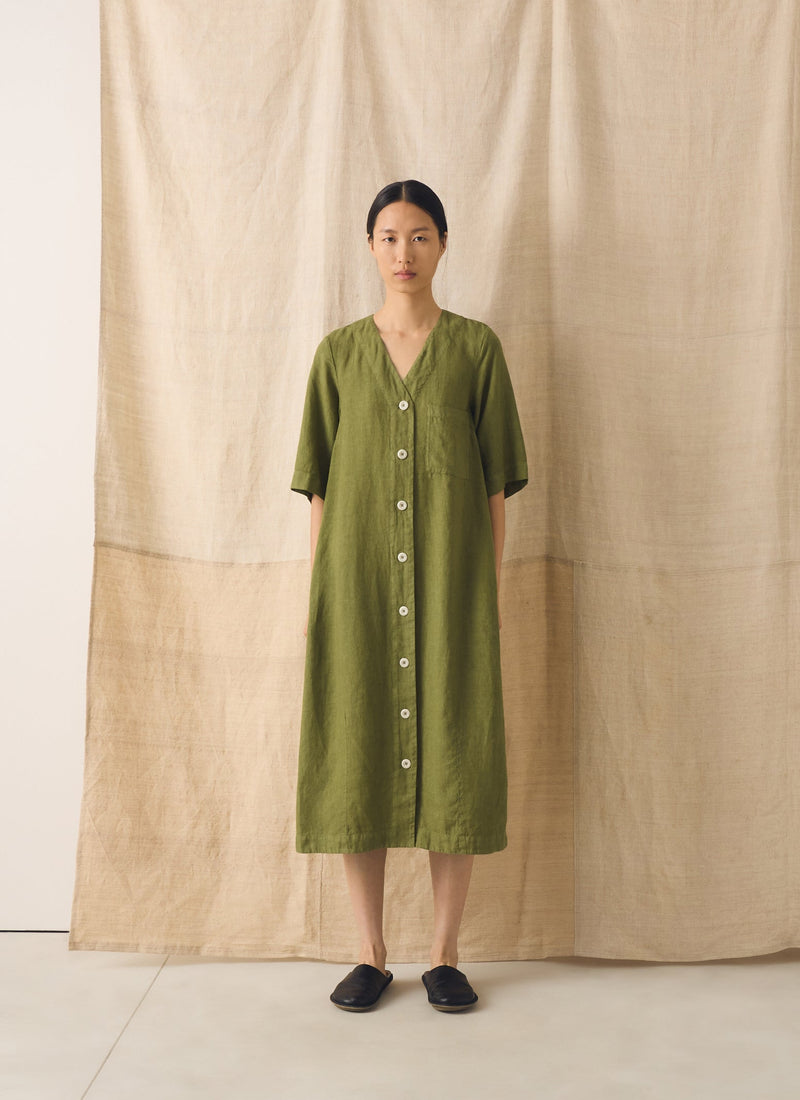 Garment Dyed Linen Button Front Dress | Pale Olive