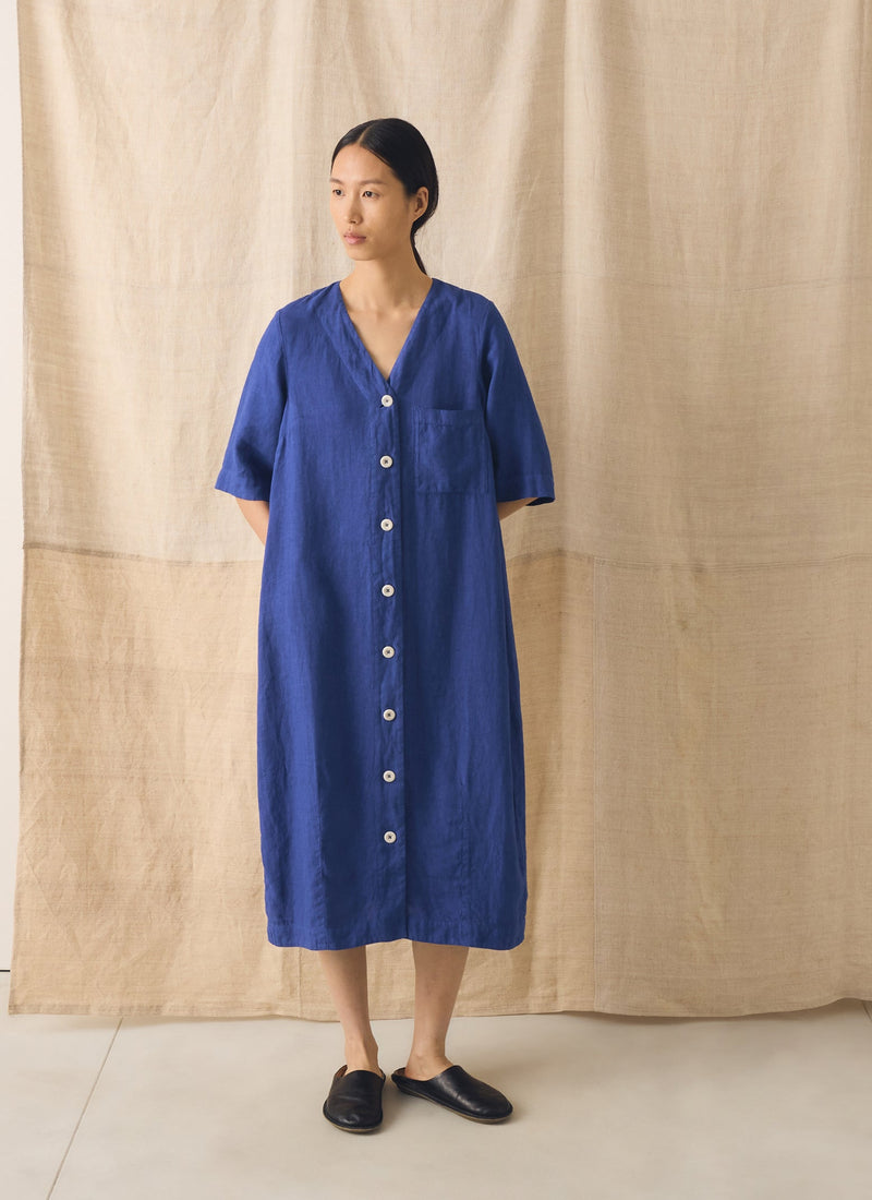 Garment Dyed Linen Button Front Dress | Carmine Blue