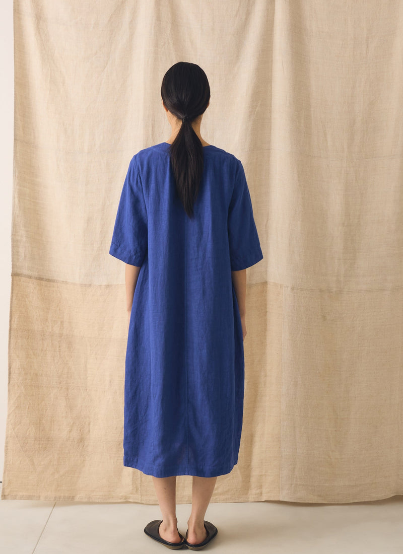 Garment Dyed Linen Button Front Dress | Carmine Blue