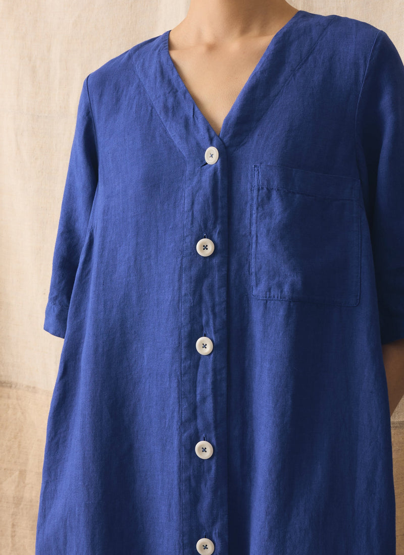 Garment Dyed Linen Button Front Dress | Carmine Blue