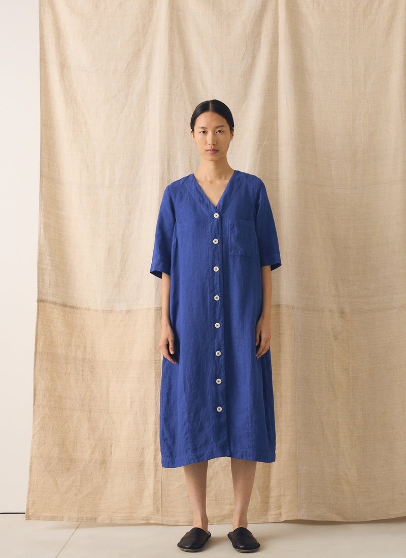 Garment Dyed Linen Button Front Dress | Carmine Blue
