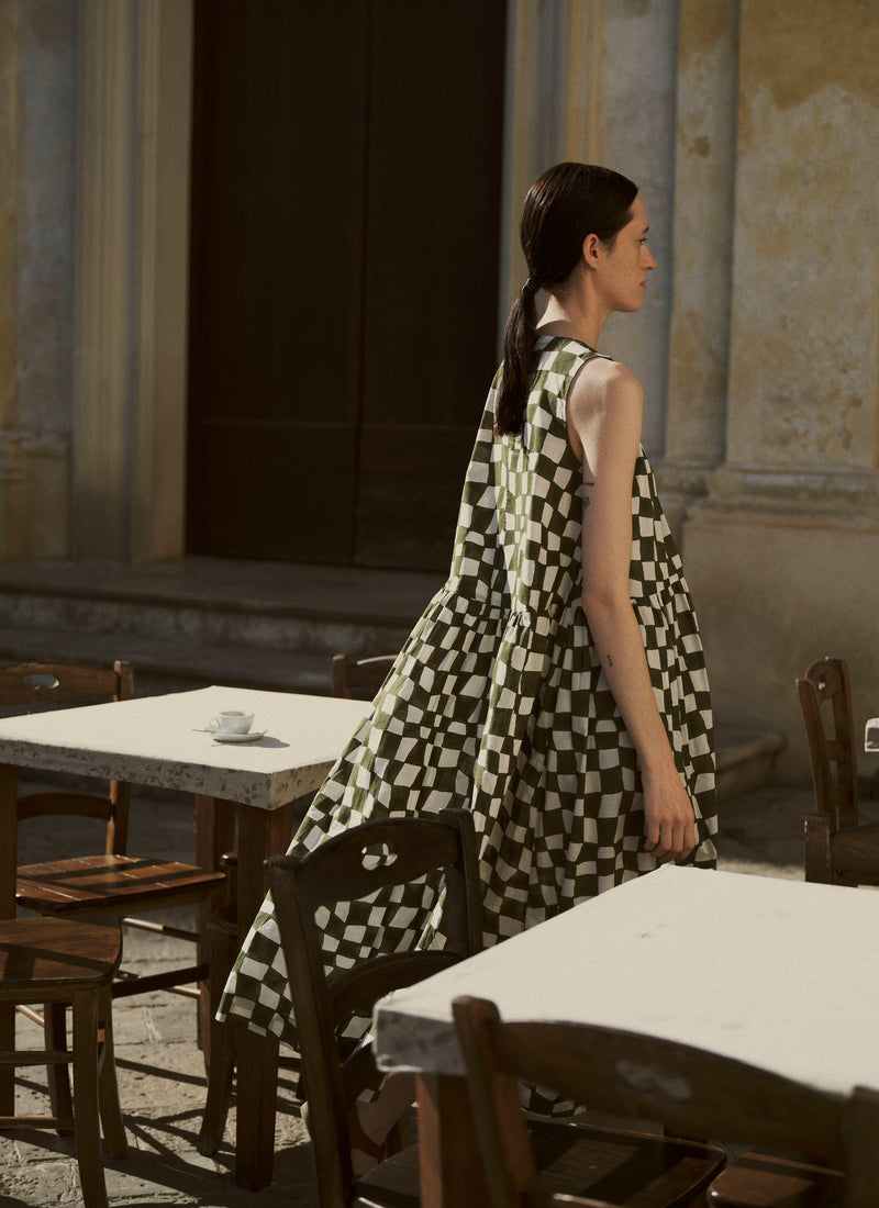 Block Print Warp Check Sleeveless Dress | Olive