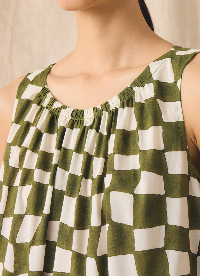 Block Print Warp Check Sleeveless Dress | Olive