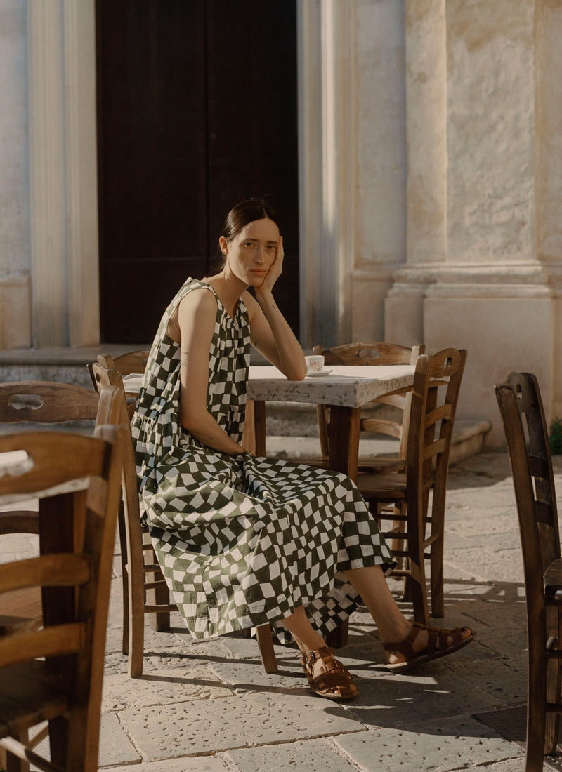 Block Print Warp Check Sleeveless Dress | Olive