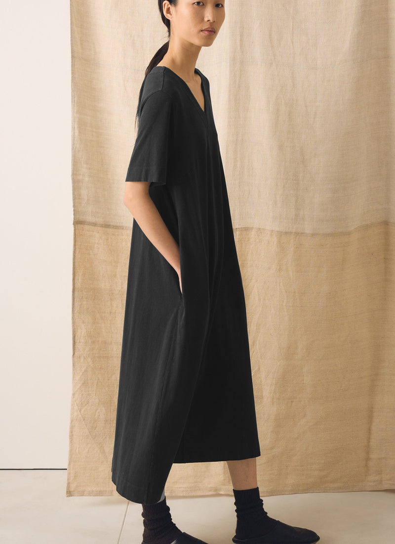 Cotton Jersey V Neck Dress | Washed Black